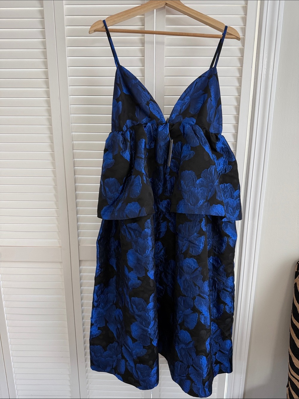 Anthropologie Black and Blue Floral Tiered Midi Dress